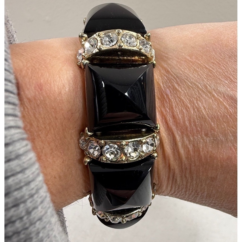 Shiny Stretch Bracelet Black Gold Rhinestone Art Deco Style Jewelry